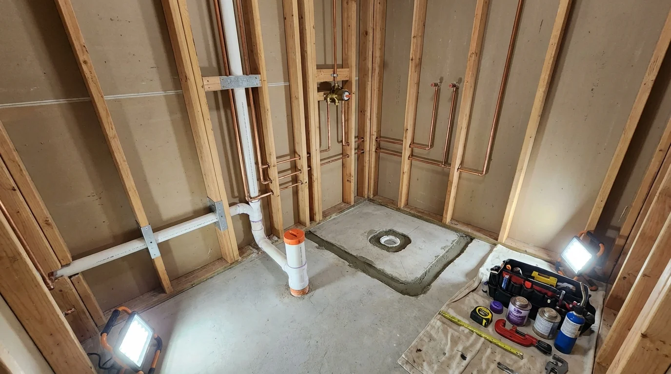 Bathroom rough-in plumbing during remodel by Johns Plumbing LLC in Girardville
