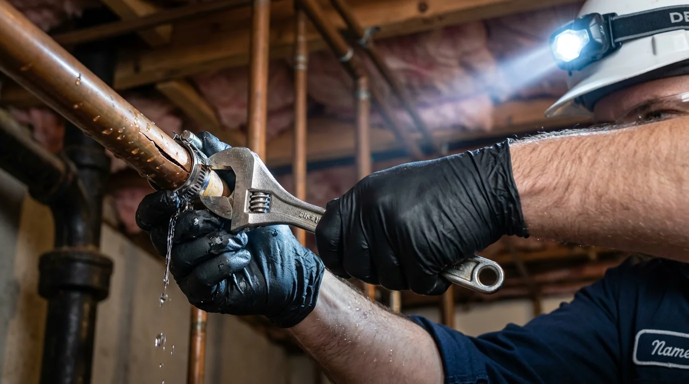 Emergency pipe clamp repair being performed by a Johns Plumbing LLC plumber in Girardville