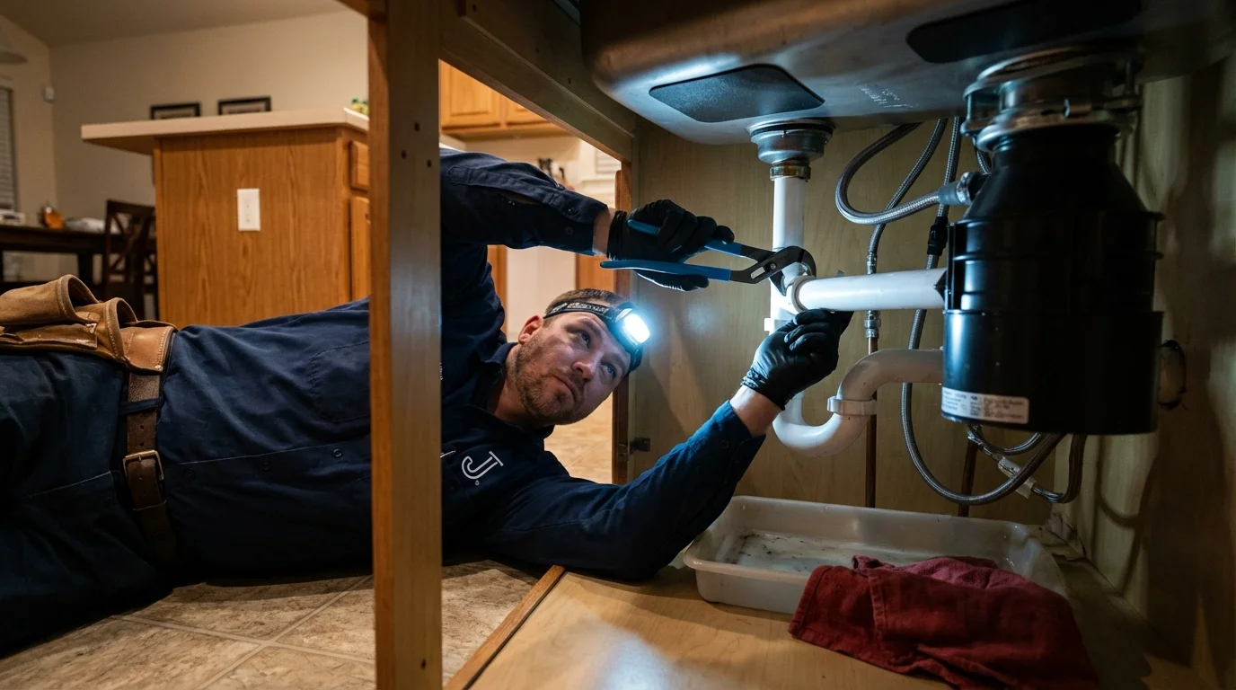 P-trap and supply line connections under a kitchen sink showing a common leak point in Girardville, PA